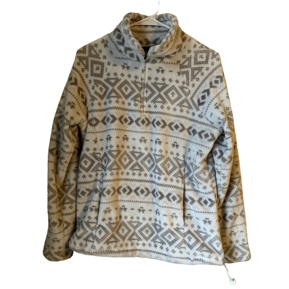 Eddie Bauer Womens Fleece Jacket Tan Size Medium Half Zip Sweater Beige White
